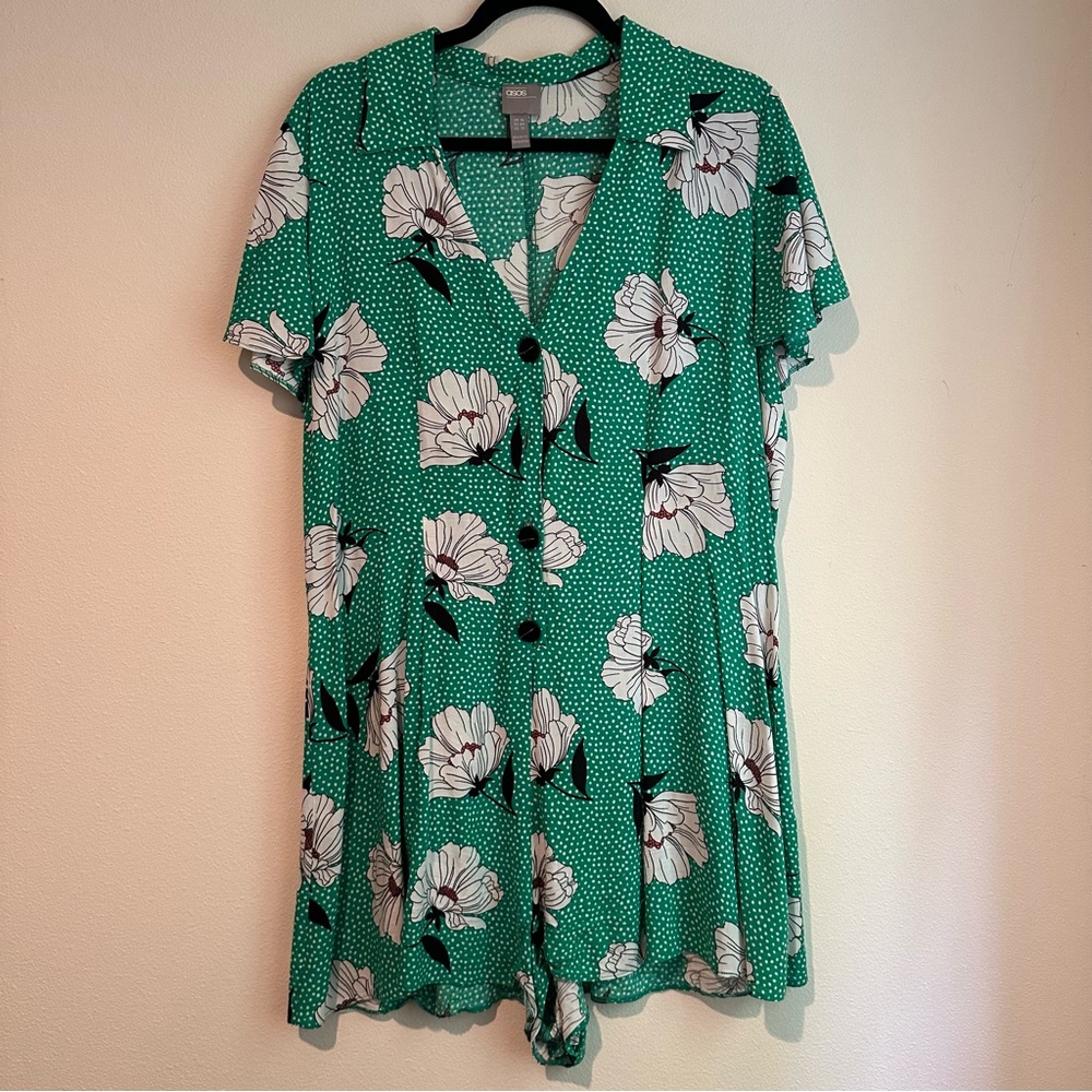 ASOS Green Floral Polka Dot Short Sleeve Collared Romper